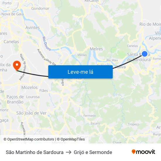 São Martinho de Sardoura to Grijó e Sermonde map