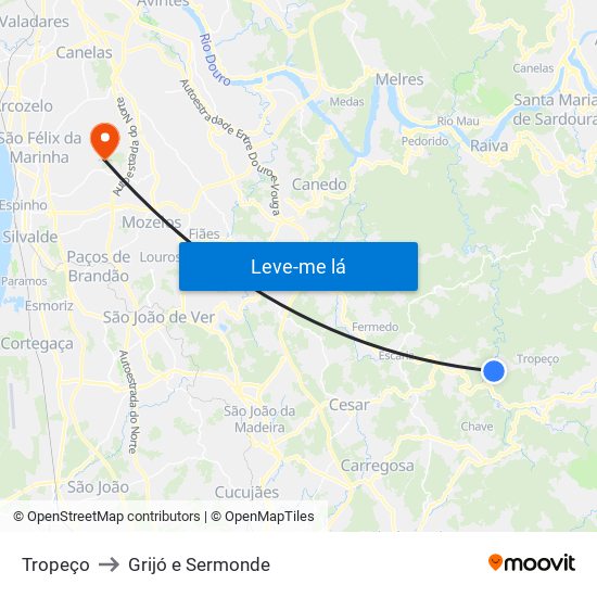 Tropeço to Grijó e Sermonde map