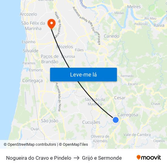 Nogueira do Cravo e Pindelo to Grijó e Sermonde map