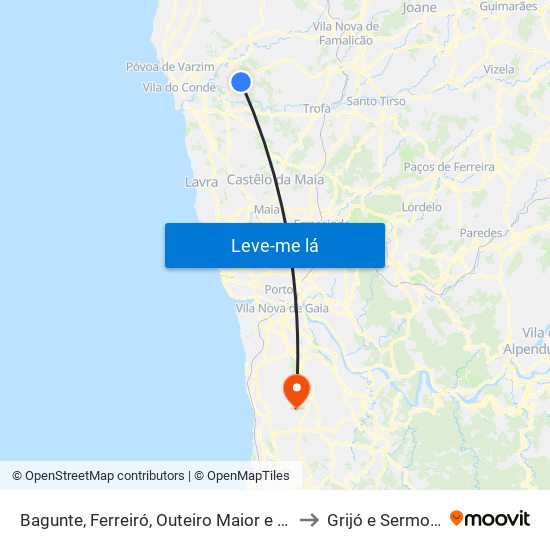 Bagunte, Ferreiró, Outeiro Maior e Parada to Grijó e Sermonde map