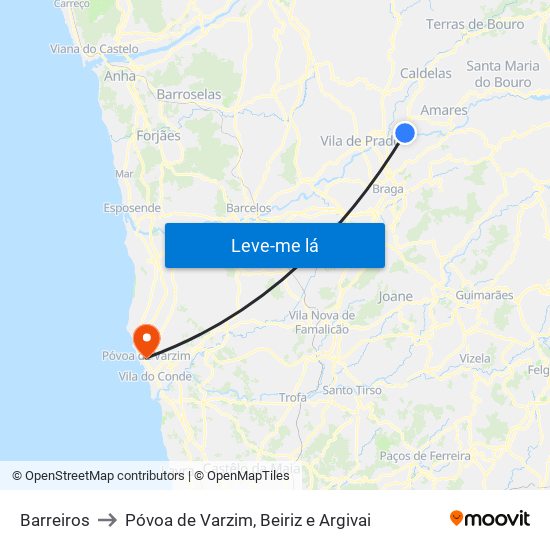 Barreiros to Póvoa de Varzim, Beiriz e Argivai map