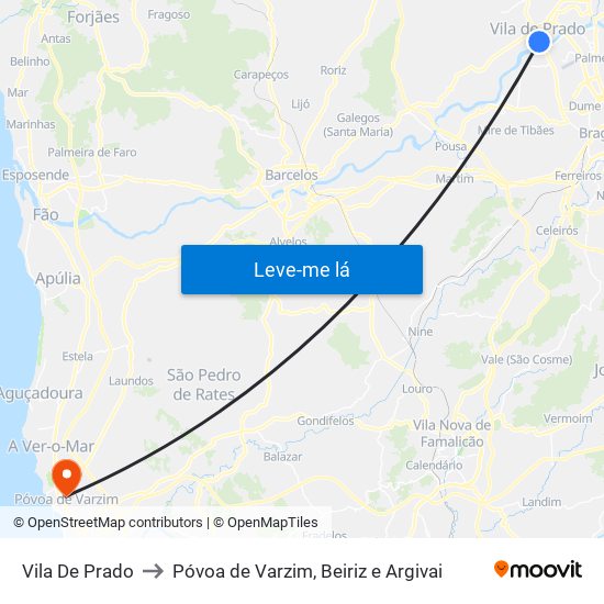 Vila De Prado to Póvoa de Varzim, Beiriz e Argivai map
