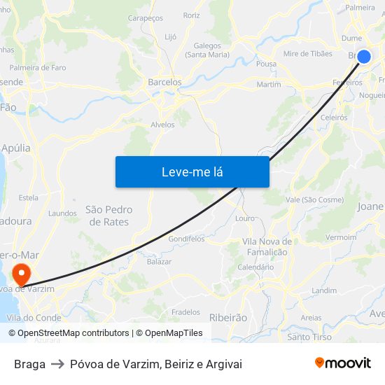 Braga to Póvoa de Varzim, Beiriz e Argivai map