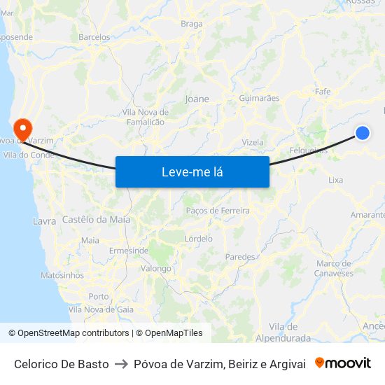 Celorico De Basto to Póvoa de Varzim, Beiriz e Argivai map