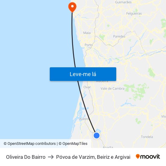 Oliveira Do Bairro to Póvoa de Varzim, Beiriz e Argivai map