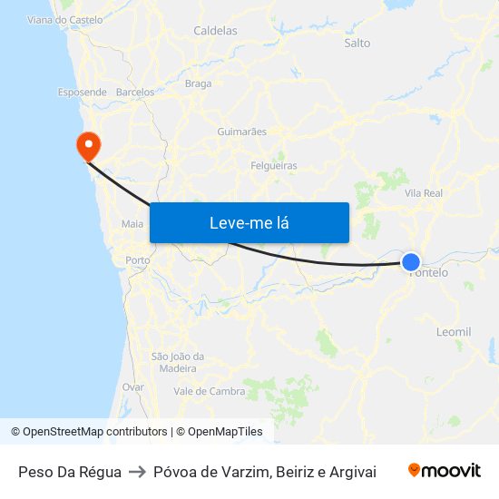 Peso Da Régua to Póvoa de Varzim, Beiriz e Argivai map