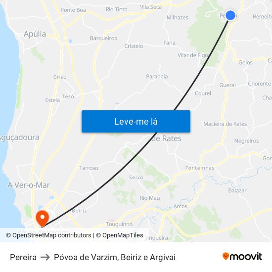 Pereira to Póvoa de Varzim, Beiriz e Argivai map