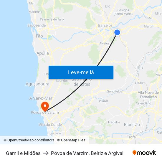 Gamil e Midões to Póvoa de Varzim, Beiriz e Argivai map