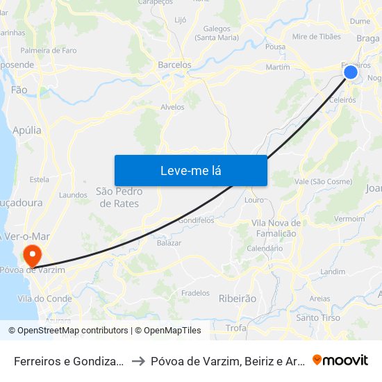 Ferreiros e Gondizalves to Póvoa de Varzim, Beiriz e Argivai map