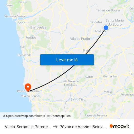 Vilela, Seramil e Paredes Secas to Póvoa de Varzim, Beiriz e Argivai map