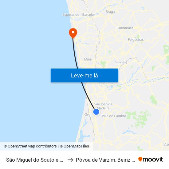 São Miguel do Souto e Mosteirô to Póvoa de Varzim, Beiriz e Argivai map