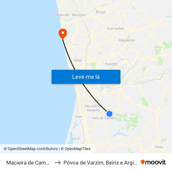 Macieira de Cambra to Póvoa de Varzim, Beiriz e Argivai map