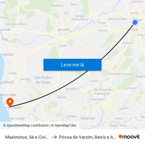 Maximinos, Sé e Cividade to Póvoa de Varzim, Beiriz e Argivai map