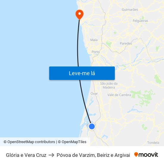 Glória e Vera Cruz to Póvoa de Varzim, Beiriz e Argivai map