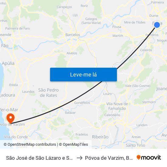 São José de São Lázaro e São João do Souto to Póvoa de Varzim, Beiriz e Argivai map