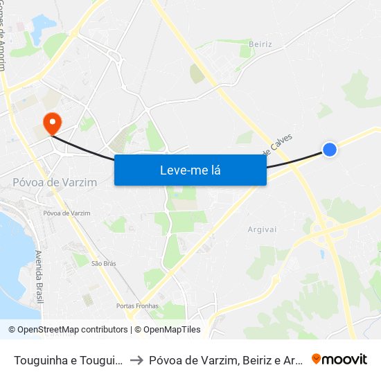 Touguinha e Touguinhó to Póvoa de Varzim, Beiriz e Argivai map