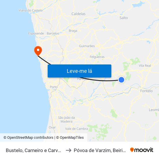 Bustelo, Carneiro e Carvalho de Rei to Póvoa de Varzim, Beiriz e Argivai map