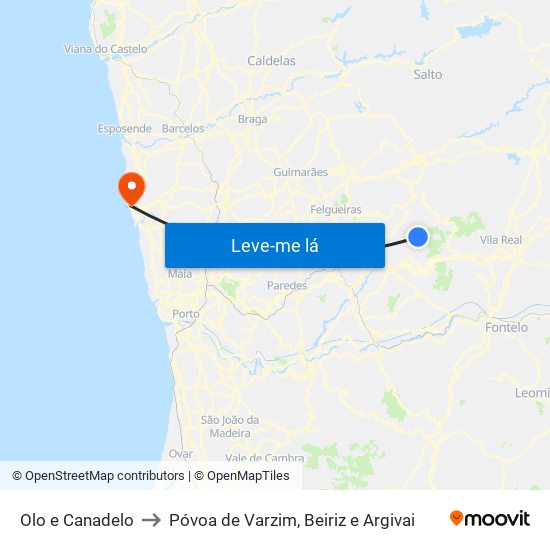 Olo e Canadelo to Póvoa de Varzim, Beiriz e Argivai map