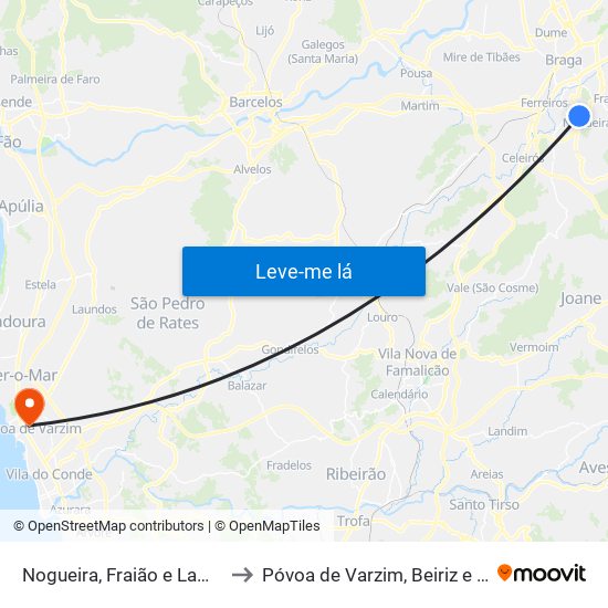 Nogueira, Fraião e Lamaçães to Póvoa de Varzim, Beiriz e Argivai map