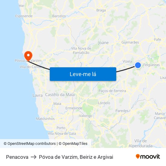 Penacova to Póvoa de Varzim, Beiriz e Argivai map