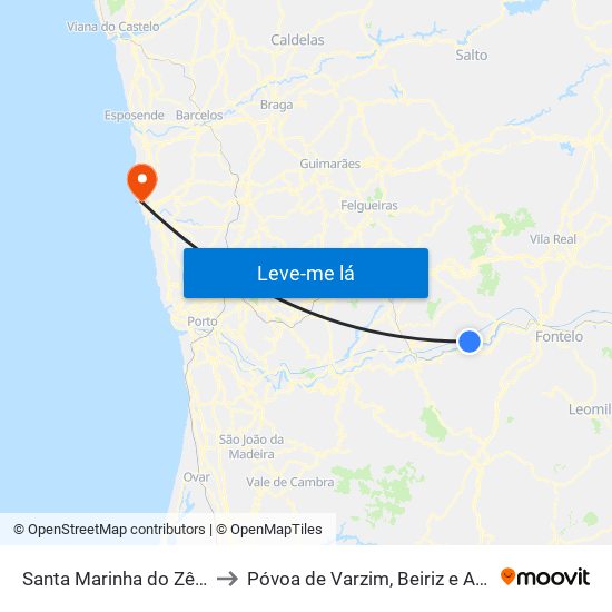 Santa Marinha do Zêzere to Póvoa de Varzim, Beiriz e Argivai map