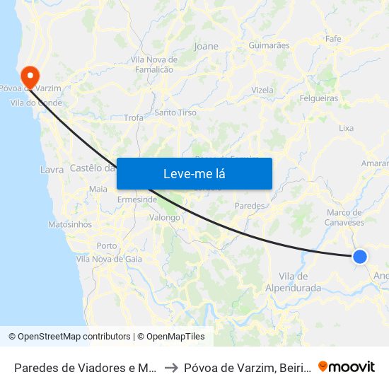 Paredes de Viadores e Manhuncelos to Póvoa de Varzim, Beiriz e Argivai map