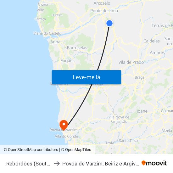 Rebordões (Souto) to Póvoa de Varzim, Beiriz e Argivai map