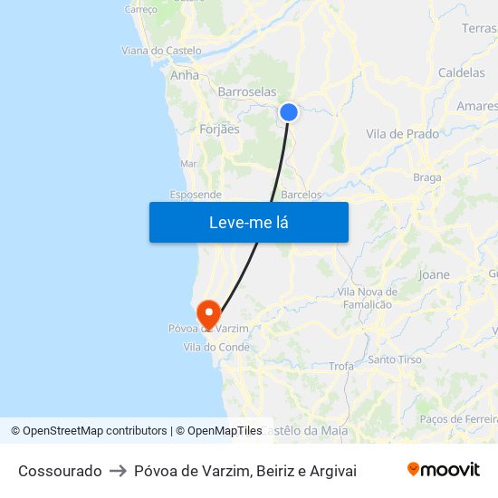 Cossourado to Póvoa de Varzim, Beiriz e Argivai map