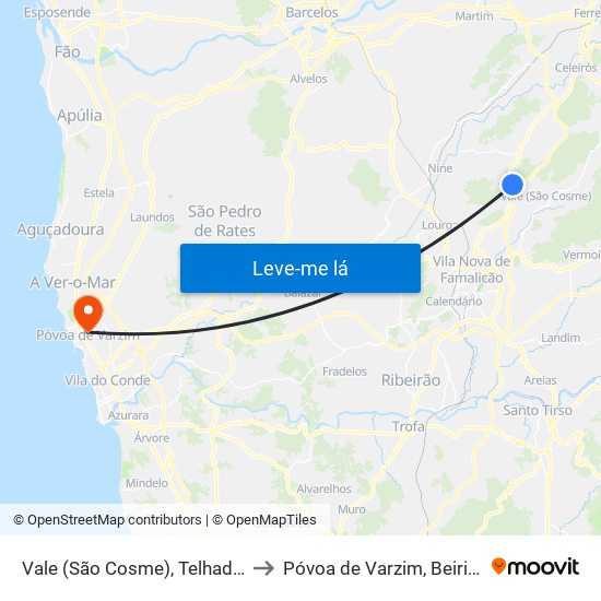 Vale (São Cosme), Telhado e Portela to Póvoa de Varzim, Beiriz e Argivai map