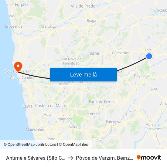 Antime e Silvares (São Clemente) to Póvoa de Varzim, Beiriz e Argivai map