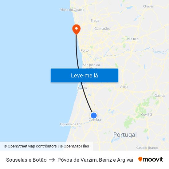 Souselas e Botão to Póvoa de Varzim, Beiriz e Argivai map