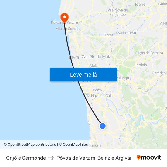 Grijó e Sermonde to Póvoa de Varzim, Beiriz e Argivai map