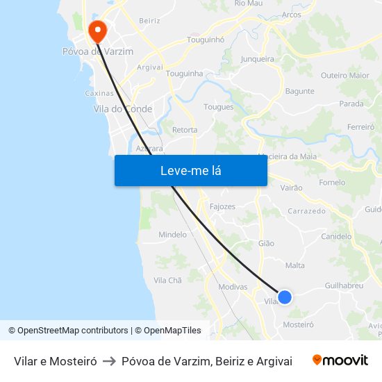 Vilar e Mosteiró to Póvoa de Varzim, Beiriz e Argivai map