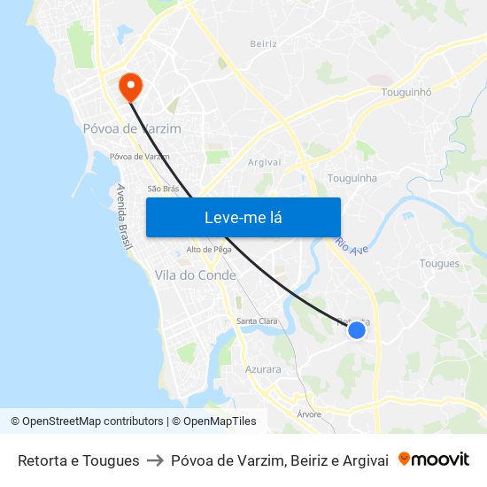 Retorta e Tougues to Póvoa de Varzim, Beiriz e Argivai map