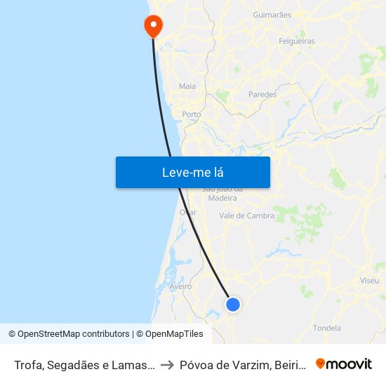 Trofa, Segadães e Lamas do Vouga to Póvoa de Varzim, Beiriz e Argivai map