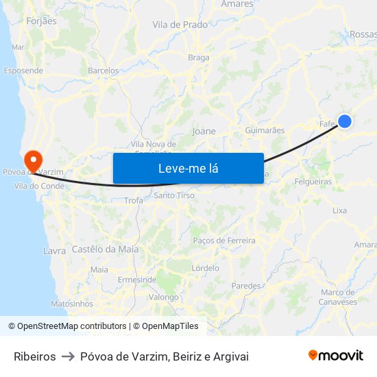 Ribeiros to Póvoa de Varzim, Beiriz e Argivai map