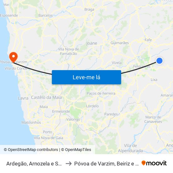 Ardegão, Arnozela e Seidões to Póvoa de Varzim, Beiriz e Argivai map