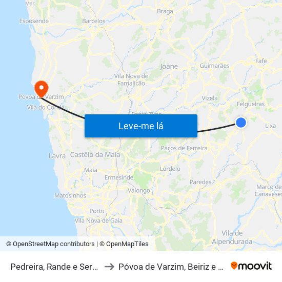 Pedreira, Rande e Sernande to Póvoa de Varzim, Beiriz e Argivai map