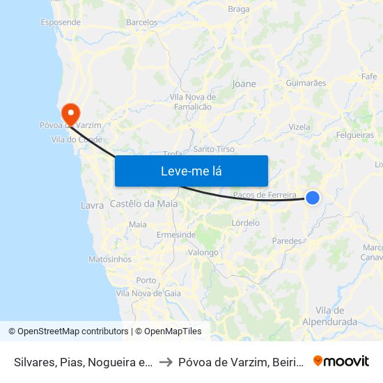 Silvares, Pias, Nogueira e Alvarenga to Póvoa de Varzim, Beiriz e Argivai map