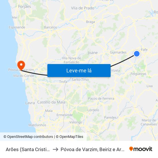 Arões (Santa Cristina) to Póvoa de Varzim, Beiriz e Argivai map