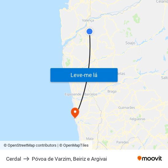 Cerdal to Póvoa de Varzim, Beiriz e Argivai map