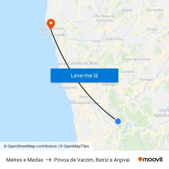 Melres e Medas to Póvoa de Varzim, Beiriz e Argivai map