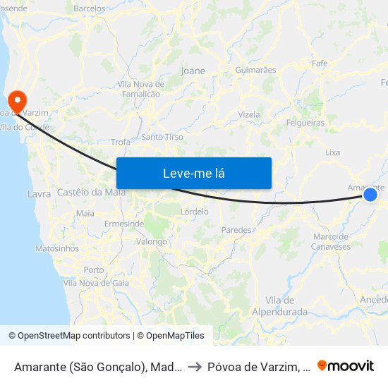 Amarante (São Gonçalo), Madalena, Cepelos e Gatão to Póvoa de Varzim, Beiriz e Argivai map