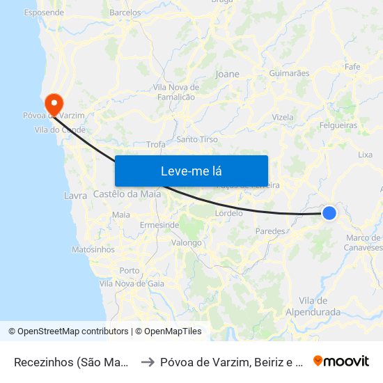Recezinhos (São Mamede) to Póvoa de Varzim, Beiriz e Argivai map