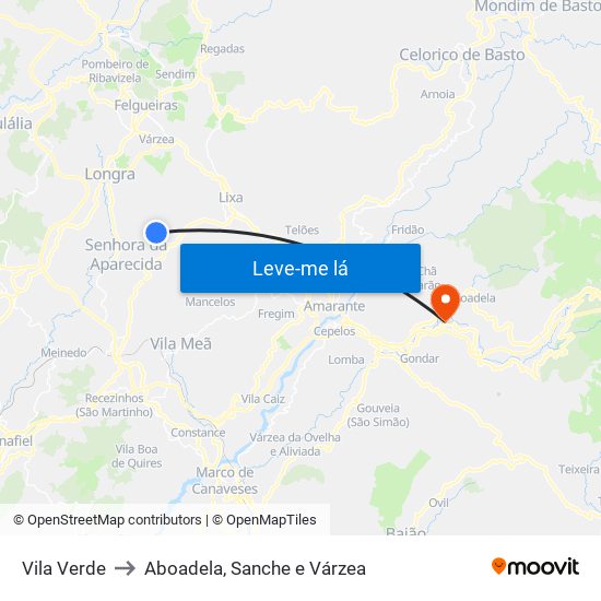 Vila Verde to Aboadela, Sanche e Várzea map