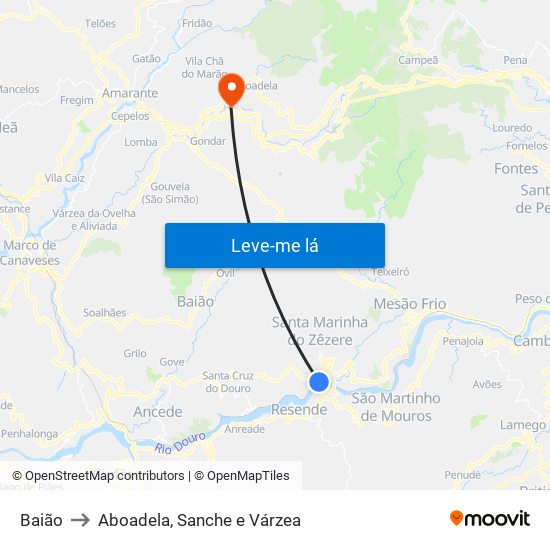 Baião to Aboadela, Sanche e Várzea map