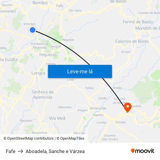 Fafe to Aboadela, Sanche e Várzea map