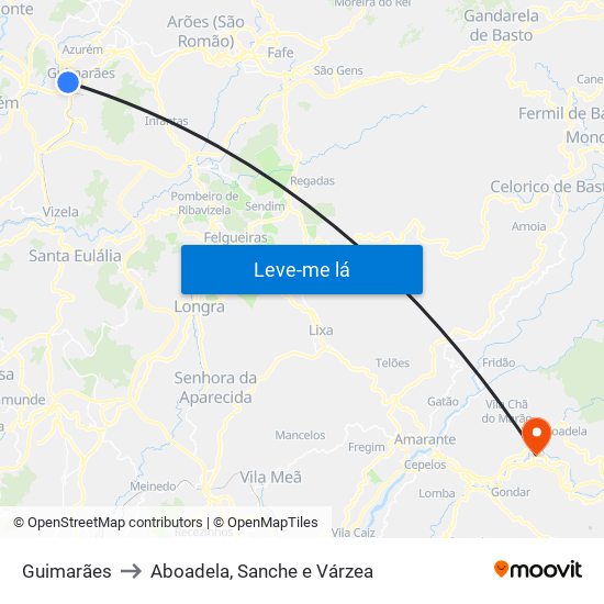 Guimarães to Aboadela, Sanche e Várzea map