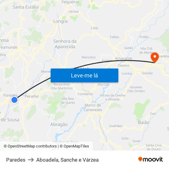 Paredes to Aboadela, Sanche e Várzea map