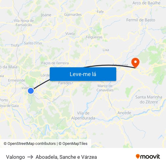 Valongo to Aboadela, Sanche e Várzea map